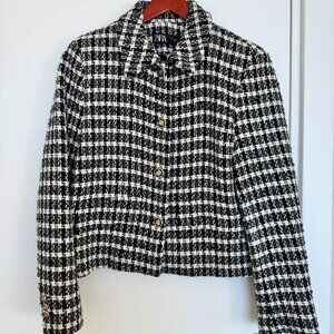 Zara Black & White Tweed Cropped Blazer Jacket Size M